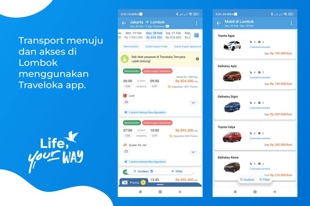 Transport menuju dan akses di Lombok menggunakan Traveloka app