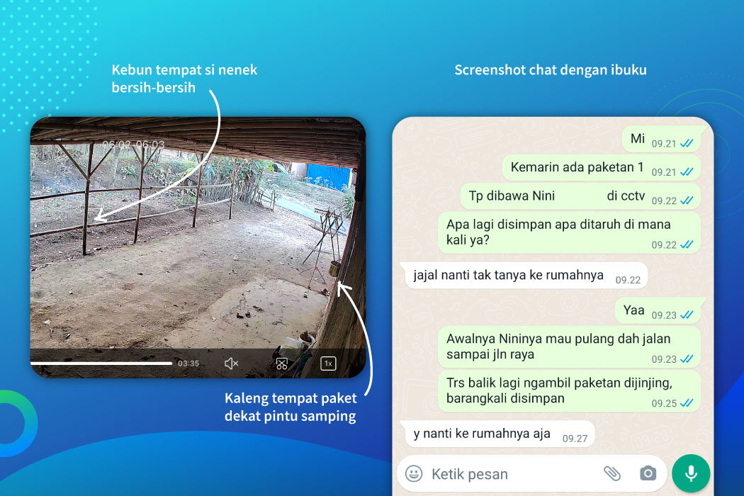 Screenshot chat dan lokasi paket dilihat dari CCTV