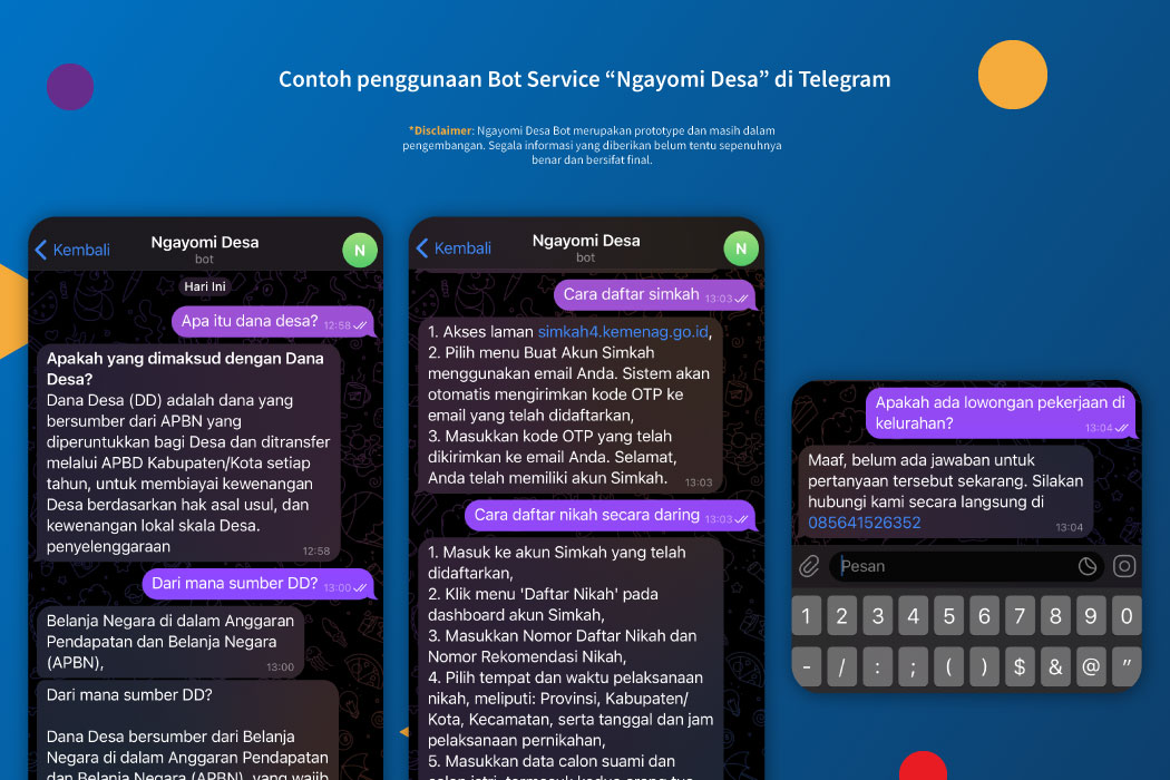 Contoh penggunaan Bot Service “Ngayomi Desa” di Telegram