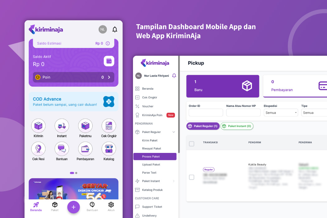 Tampilan Dashboard Mobile App dan Web App KiriminAja